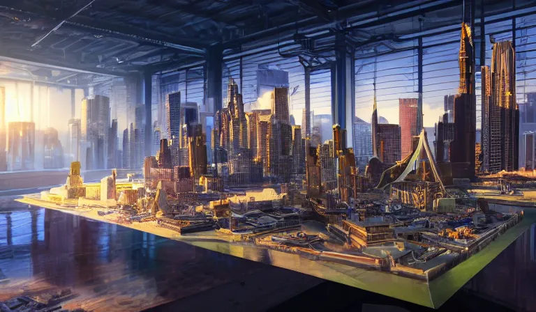 Image similar to group of people in simple warehouse, looking at hologram of futuristic city on a table, cinematic concept art, godrays, golden hour, natural sunlight, 4 k, clear details, tabletop model buildings, center model buildings, hologram center, crane shot, crane shot, crane shot