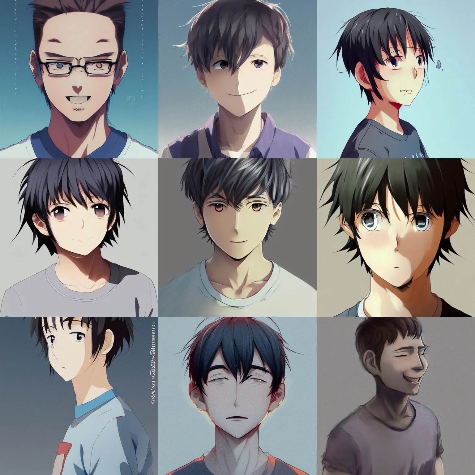Prompt: An anime portrait of a happy anime man with extremely short walnut hair, grey-blue eyes, without glasses, wearing a t-shirt, his whole head fits in the frame, solid background, by Stanley Artgerm Lau, WLOP, Rossdraws, James Jean, Andrei Riabovitchev, Marc Simonetti, and Sakimi chan, trending on artstation