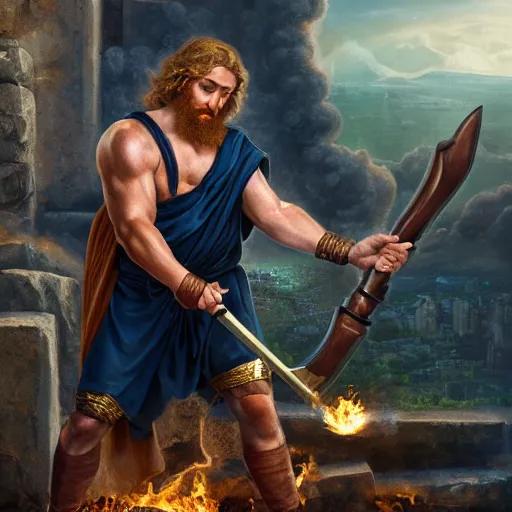 Image similar to Absolutely gorgeous greek god of smithing holding the hammer of creating setting the city of the gods on fire, cinematic lighting, high quality 8k hd, oil on canvas, hyperralistic art