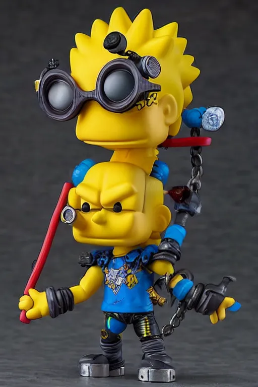 Image similar to collectable cyberpunk bart simpson fantasy statue, d & d, pathfinder nendoroid, funko pop, resin statue, artstation, pinterest, etsy, detailed product photo, 3 / 4 dynamic pose