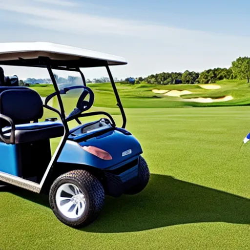 Image similar to joe biden driving a golf cart on the golf course green, photorealistic
