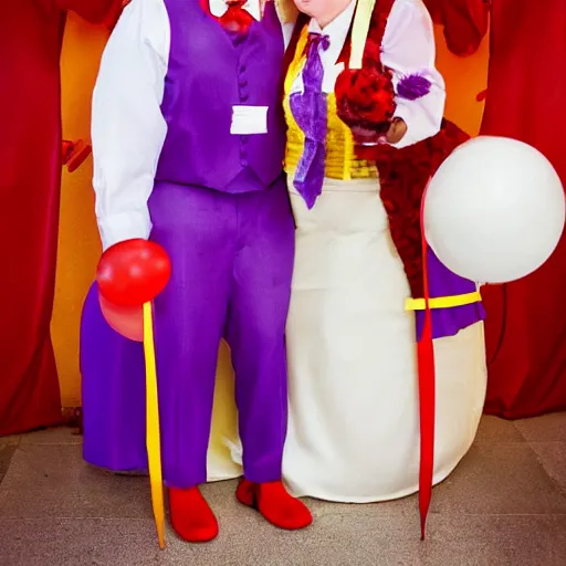 Image similar to mcdonald's themed wedding featuring grimace as the best man and ronald mcdonald as the officiant.