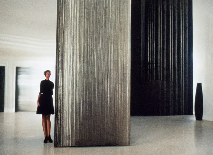 Prompt: photograph of young woman standing in front of radiating monolith in suburban living room, crisp focus, highly detailed, in roger deakins style, 3 5 mm ektachrome