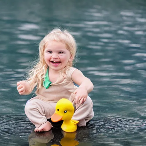 Prompt: toddler with blond wavy hair, lake, holding a duck teddy, ultra realistic, cute, laughing