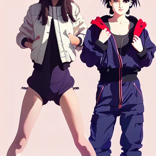 Image similar to a beautiful boyish natalie portman gravure model, wearing oversized mayan bomber jacket and leotard with overalls, bulky poofy bomber jacket with mesoamerican patterns, mesoamerican street fashion, gapmoe yandere grimdark, trending on pixiv fanbox, painted by greg rutkowski makoto shinkai takashi takeuchi studio ghibli, akihiko yoshida