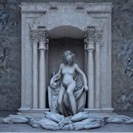 Image similar to “a delicate renaissance marble sculpture covered with water veil, highly detailed transparent marble cloth, gi, global illumination, physically based rendering, photorealistic, top light, dark background ”