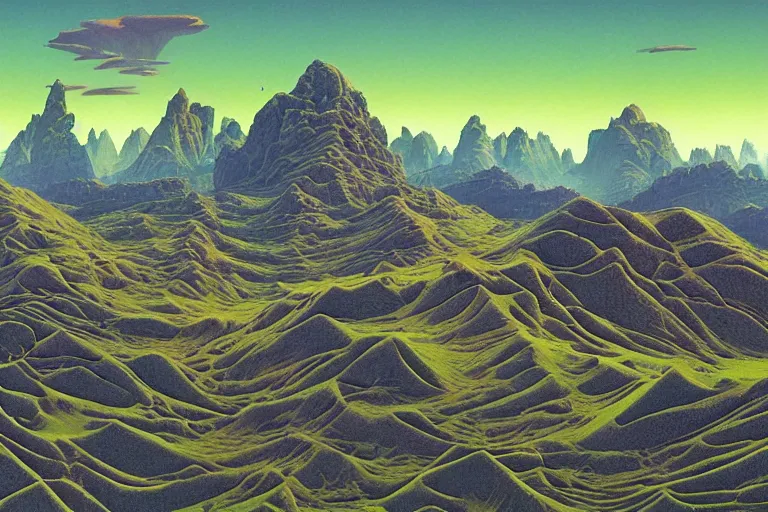 Image similar to beautiful rendered in zbrush ancient painting of a beatiful scenic mountain range surrounded by holographic Myrtle squares, retro tech, vaporwave, by Jean Giraud and Zdzisław Beksiński and Chesley Bonestell and James Gurney, Mc Escher,