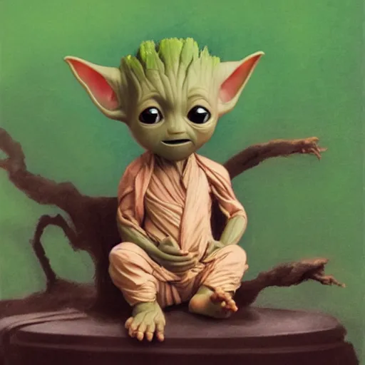 Image similar to baby groot sitting baby yoda in the style of william adolphe bouguereau