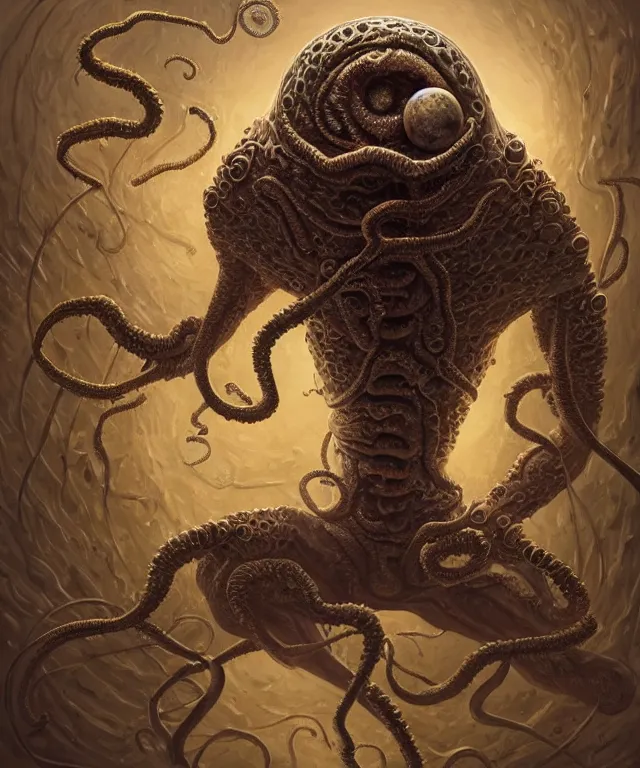 Image similar to hziulquoigmnzhah, head dangling underneath body!!!!, spherical body, elongated arms, short legs, lovecraftian horror!, surrealism, fantasy, intricate, elegant, highly detailed, digital painting, artstation, concept art, matte, sharp focus, illustration, art by keith thompson and christopher lane