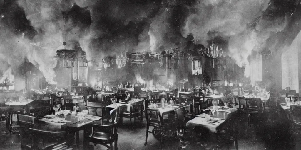 Prompt: the interior of a luxury restaurant that is burning while monsters appear in the background, 1 9 0 0 s photograph