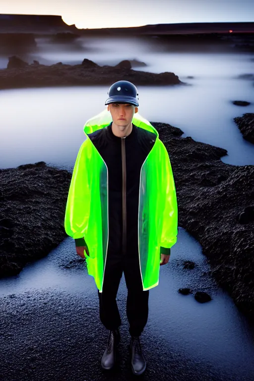 Prompt: an ultra high definition professional high fashion portrait studio full length photograph of a male model sleeping wearing a transparent pearlescent raincoat and neon visor in an icelandic black rock environment at dawn. no artefacts. extremely detailed. stark. refraction. shallow depth of field. volumetric light and shadow. ray tracing. light rays.