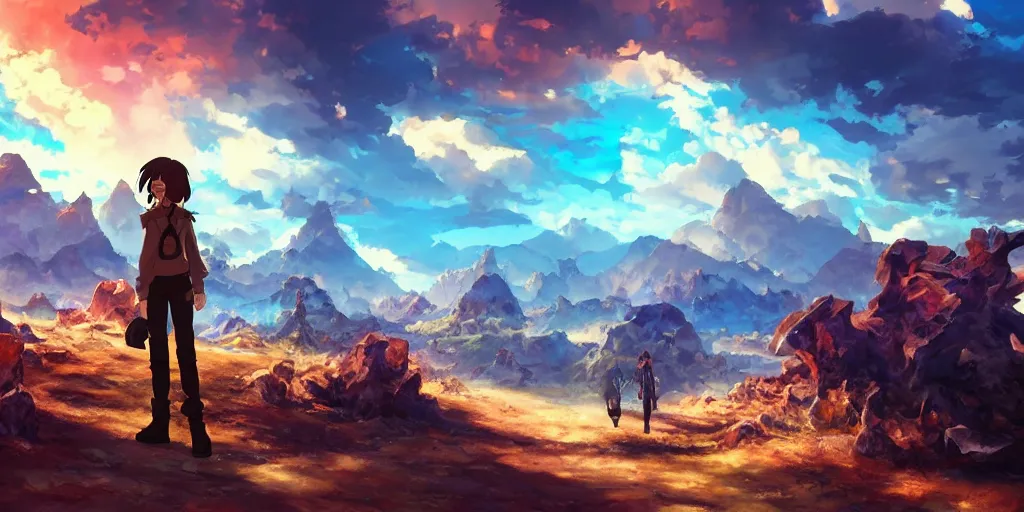 Image similar to isekai masterpiece anime man standing tree log looking up at giant crystals, high noon, cinematic, very warm colors, intense shadows, ominous clouds, anime illustration, anime screenshot composite background by mandy jurgens, by irina french, by rachel walpole, by alyn spiller