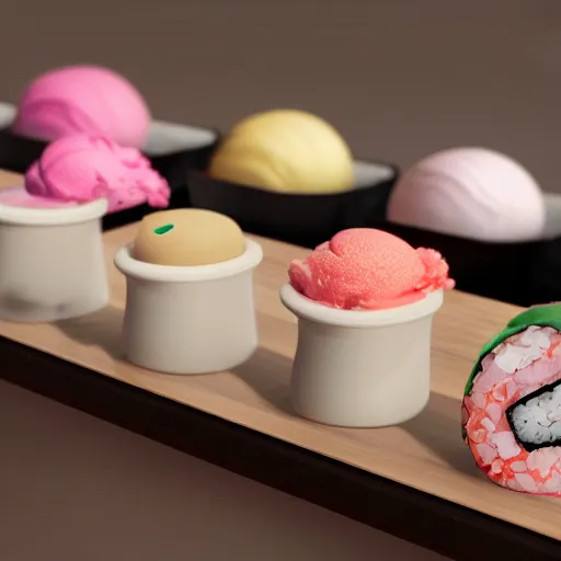 Image similar to ice cream made of sushi, 8 k, hyper realism, octane render