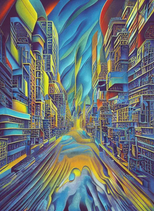 Image similar to A surreal painting of melting calligraphy city streets in 3 point perspective by hr giger and Vladimir kush by dali by kandinsky, 3d, realistic shading, complimentary colors, neon tint, aesthetically pleasing composition, masterpiece, 4k, 8k, ultra realistic, super realistic,