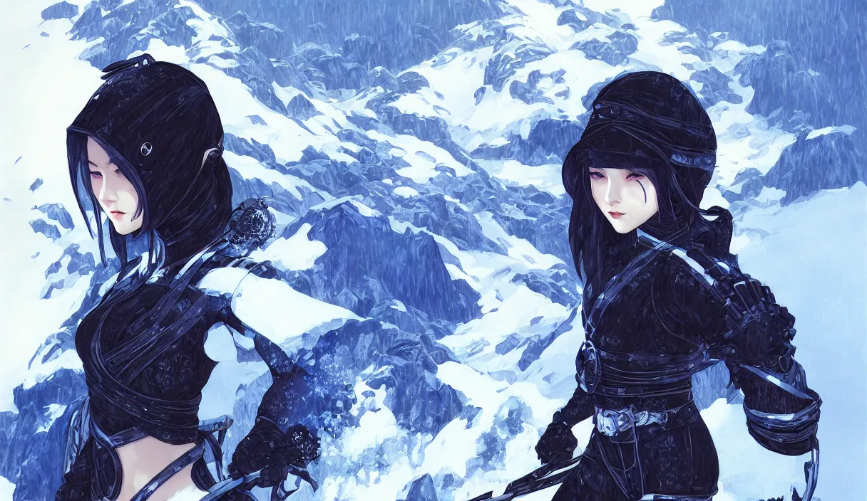 Image similar to portrait ninja gaiden girl, black and blue ninja wardrobe, at snowy fuji mountain sunrise, ssci - fi and fantasy, intricate and very very beautiful, detailed, digital painting, artstation, concept art, smooth and sharp focus, illustration, art by tian zi and wlop and alphonse mucha