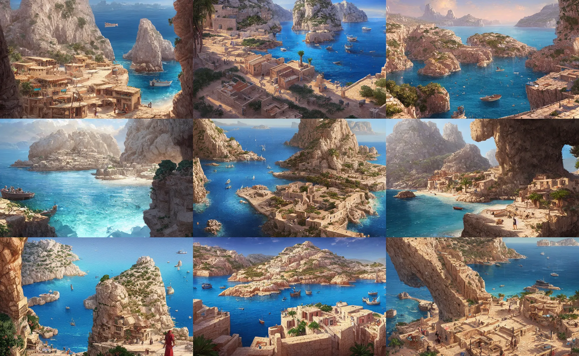 Prompt: mediterranean phoenician fisher village, over a calanque, highly detailed, digital painting, artstation, concept art, sharp focus, illustration, art by artgerm and greg rutkowski and raphael lacoste and magali villeneuve