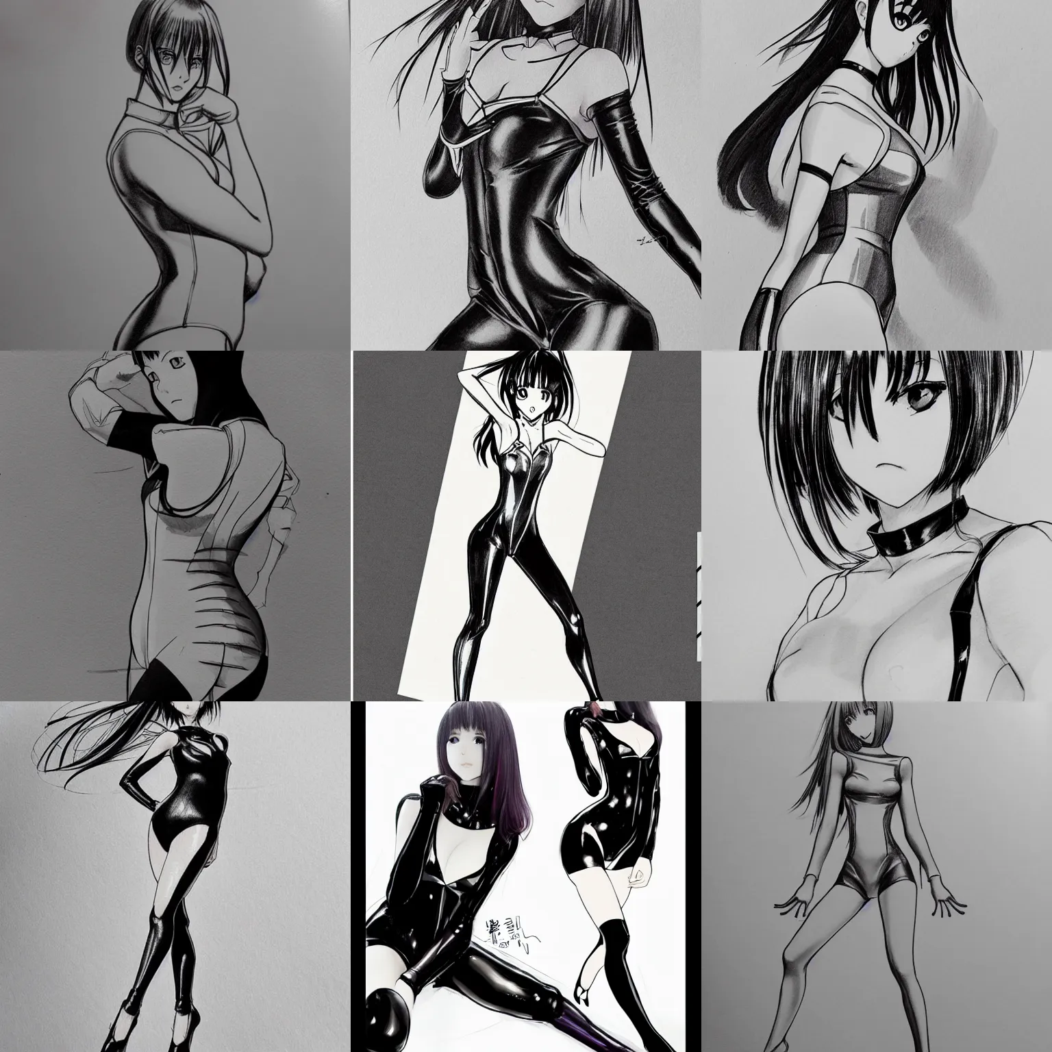 Prompt: luxury advertisement, beautiful aesthetic inspirational masterful professional ink pen liner sketch of a 1 9 9 0 s anime manga japanese girl posing in latex leotard, marvel style, concept art, fine details, trending on artstation, high quality paper, instagram photo. art university academy work, gnomon, calarts