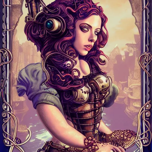 Image similar to underwater mermaid bioshock steampunk victorian portrait of scarlett johansson, octopus, Pixar style, by Tristan Eaton Stanley Artgerm and Tom Bagshaw.