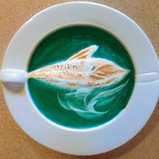 Image similar to a flying fish in the style of latte art