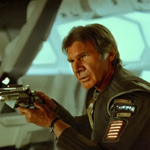 Image similar to A still of Harrison Ford as Commander Adama in Battlestar Galactica (2003), firing at a Cylon