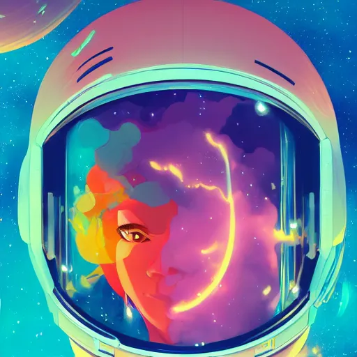 Prompt: fearless bipoc astronaut woman floating in orbit around a colorful exploding nebula, reflections of space beauty in her helmet visor, ambient lighting, 4 k, lois van baarle, ilya kuvshinov, rossdraws, jung gi kim, artstation