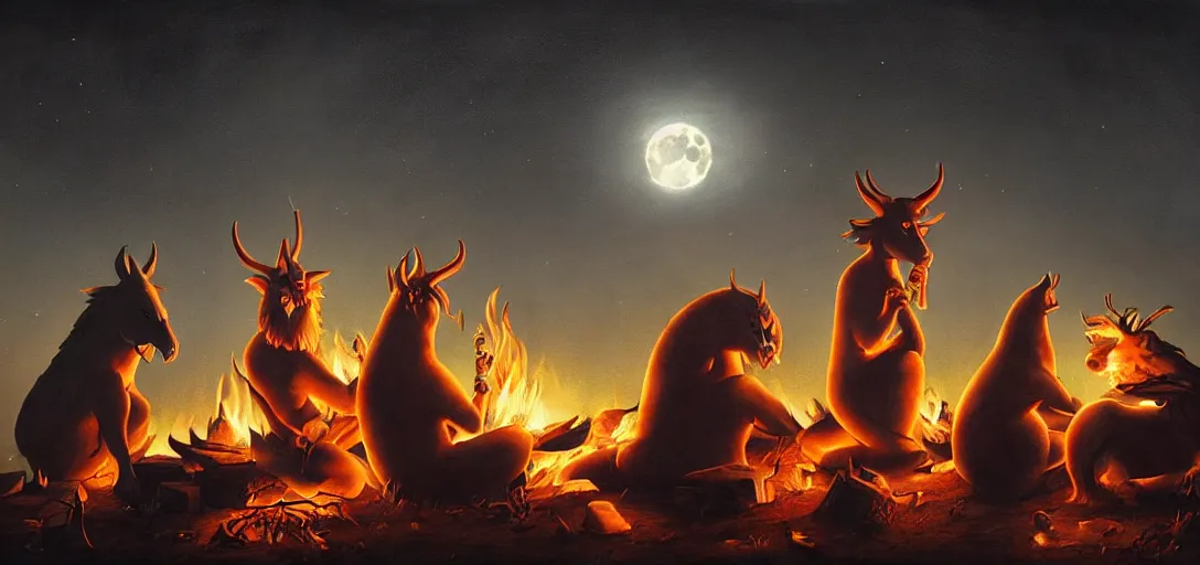 Image similar to strange mythical beasts of sitting around a fire under a full moon, surreal dark uncanny painting by ronny khalil