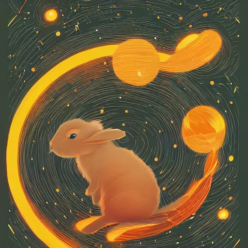 Image similar to A rabbit full of hope, looking for a black hole in an infinite time loop by Victo Ngai and Ghibli andlisk feng and atey ghailan