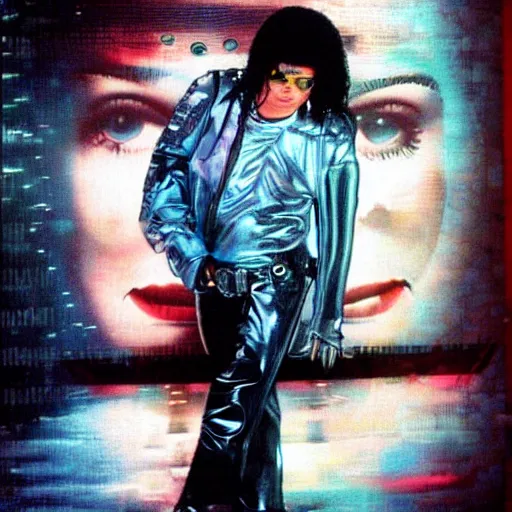 Prompt: Michael Jackson in a cyberpunk world reflecting at everyones mind