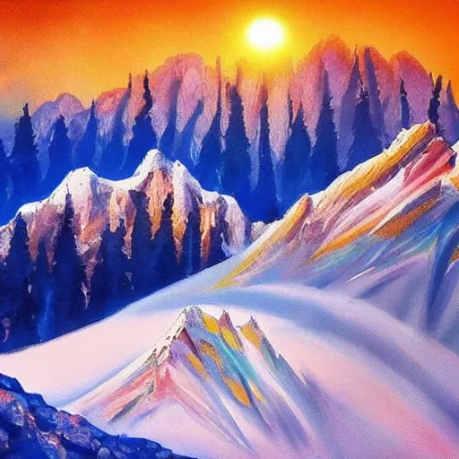 Prompt: the most beautiful and romantic alpine mountain painting in the world