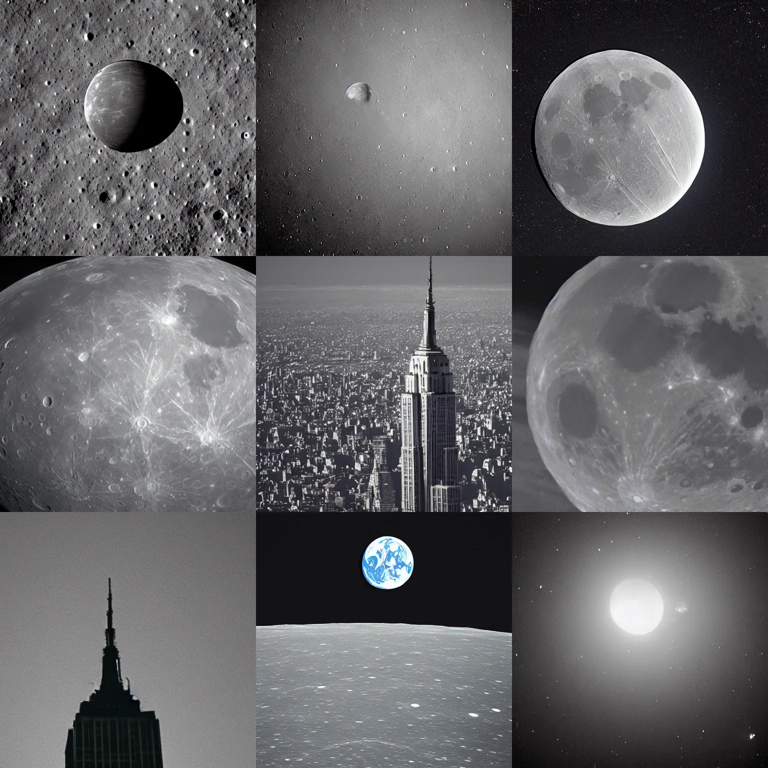 Prompt: The empire state building on the moon, dark atmosphere, high exposure image of earth in the sky