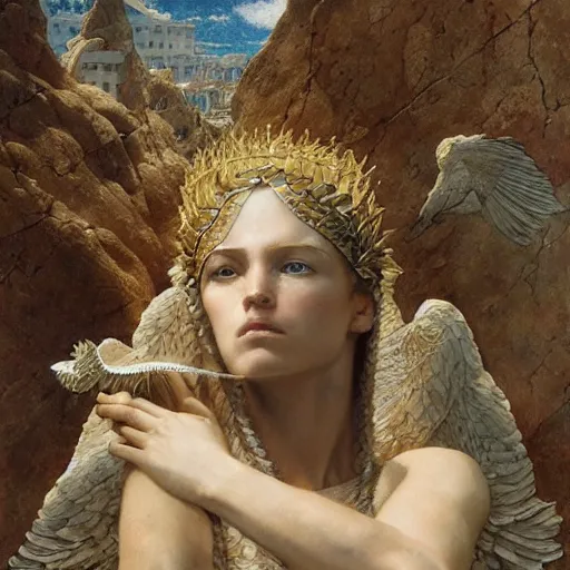 Image similar to Birth of Athena from the head of Zeus, hyperrealism, no blur, 4k resolution, ultra detailed, style of Greg Rutkowski, Carlos Schwabe, Dragan Bibin, Carl Spitzweg, Georges Desvallières, Tyler Edlin