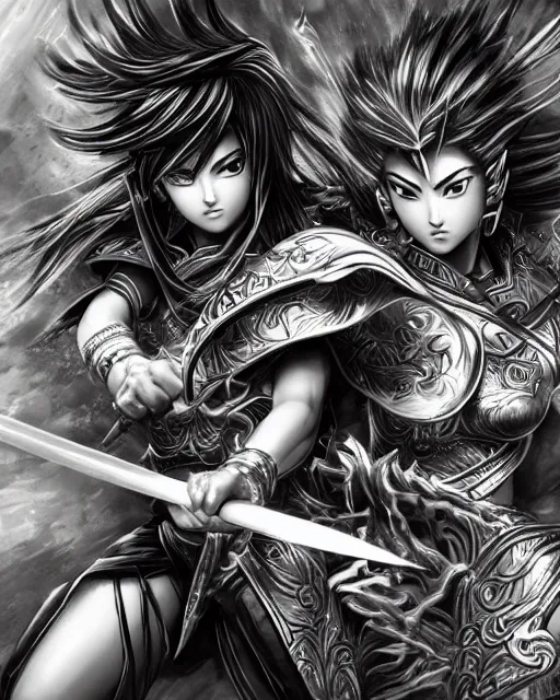 Image similar to Two female warriors fighting, black and white, highly detailed face, close-up, fantasy art, fighting art, in the style of masami kurumada, illustration, epic, fantasy, intricate, hyper detailed, artstation, concept art, smooth, sharp focus, ray tracing