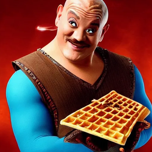 Prompt: the genie from aladdin hates waffles, he hates waffles so much, he wants to destroy any waffle he sees. the genie from aladdin sees some waffles right now