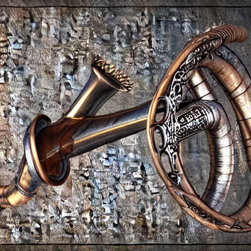 Image similar to a 3 d render of a medieval blowing horn, winding horn, animal horn, higly detailed, mystic, artwork