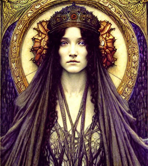 Image similar to detailed realistic beautiful young medieval queen face portrait by jean delville, gustave dore and marco mazzoni, art nouveau, symbolist, visionary, gothic, pre - raphaelite. horizontal symmetry