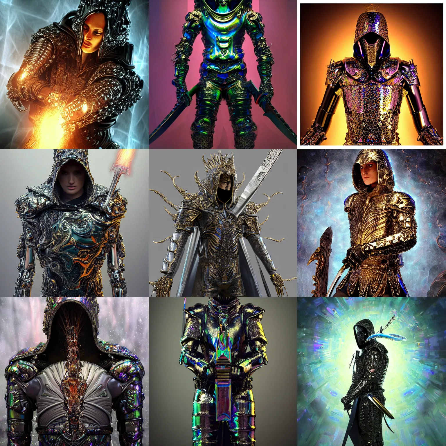 Prompt: Realist highly intricate dark iridescent detailed subtle epic baroque painting of a powerful hooded elite divine regal king omnipotent assassin being wearing body armor and brandishing a precious futuristic cosmic sword of vivid iridescent flame, realistic human face, realistic biomechanical complex torso encrusted in iridescent gleaming 3D render processor microchips, high quality, symmetry, rich style, iridescent smoke behind, crystallic megastructure background, galaxies, universe, artstation, iridescent, badass, galactic deity, dark ominous stealth, surrounded by rainbow dust specks, depth of field, vibrant, aetherpunk, award winning on artstation, artwork by artgerm