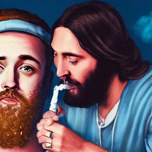 Image similar to a ultra detail picture portrait of Mac Miller and Jesus smoking a joint in heaven, 8k, photorealistic