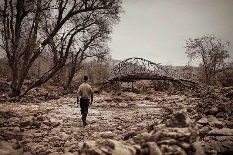 Prompt: photo of a man walking along a dry river bed with a rusty broken bridge, post apocalyptic, dystopian