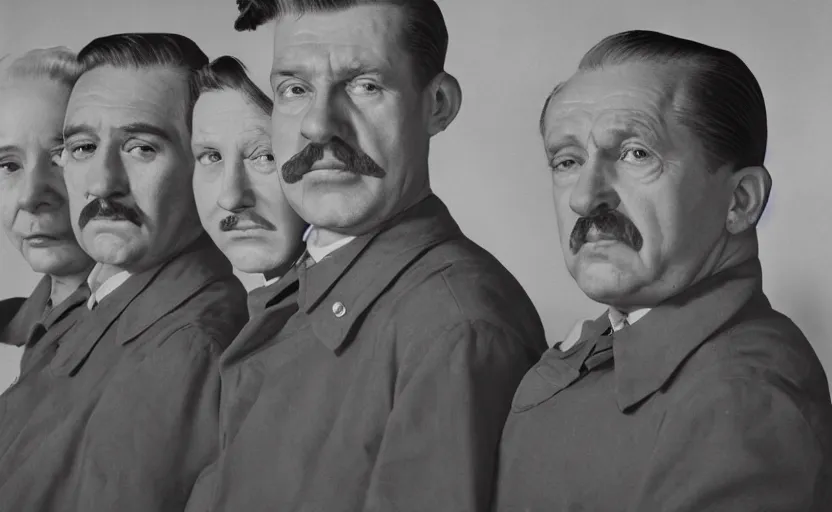 Prompt: 50s movie still close-up portrait of three individual elder soviet marshal with very diverses faces in a stalinist style hall, by Irving Penn, Cinestill 800t 50mm black and white, heavy grainy picture, very detailed, high quality, 4k, HD criterion, precise texture, facial precision, diverse haircuts, diverse ages, each faces precisely define