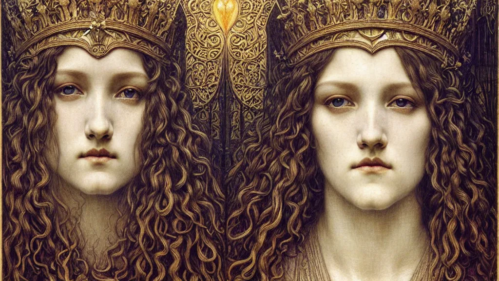 Image similar to detailed realistic beautiful young medieval queen face portrait by jean delville, gustave dore and marco mazzoni, art nouveau, symbolist, visionary, gothic, pre - raphaelite. horizontal symmetry