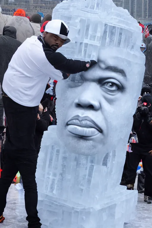 Image similar to dramatic photo, the rapper'ice cube'carving a full body ice sculpture of rapper'ice cube'at harbin ice festival, wide angle photo, award winning, artgerm, wlop, james gurney, trending on artstation