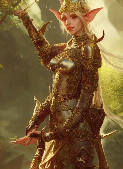 Image similar to Beautiful art portrait of a female fantasy elf noble in plate armour in a bright temple surrounded by lush forest, atmospheric lighting, intricate detail, cgsociety, hyperrealistic, octane render, RPG portrait, ambient light, dynamic lighting