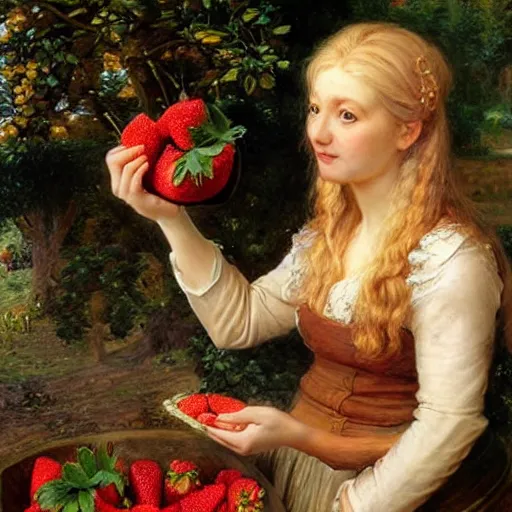 Prompt: A beautiful Blonde Woman with lushes Locks selling strawberries in the style of Sophie Anderson, Portrait