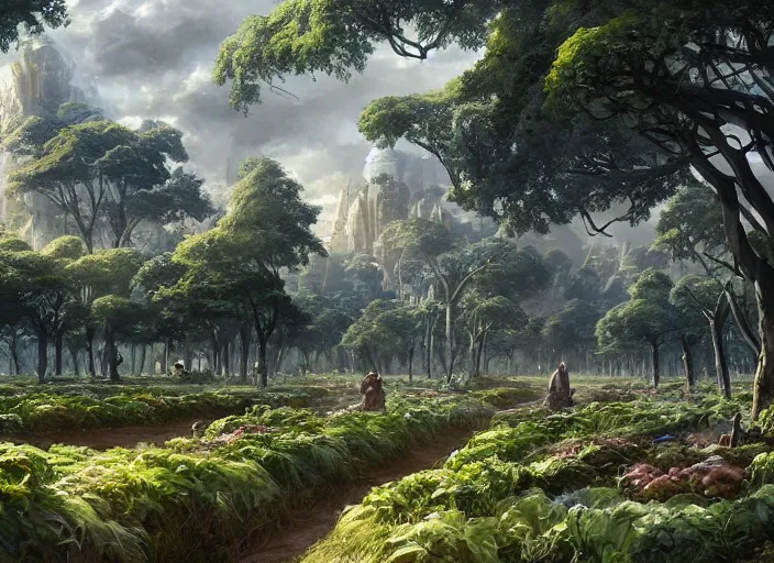 Image similar to Lush vegetable farms outside a beautiful elven city made of white marble, anime, lush trees, a fantasy digital painting by Greg Rutkowski and James Gurney, trending on Artstation, highly detailed