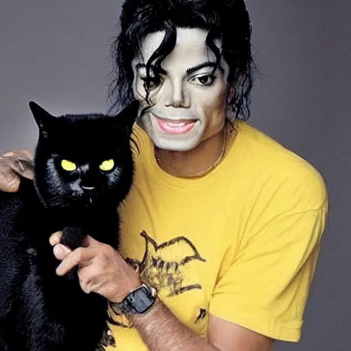 Image similar to 2009 this is It Michael Jackson taking care of a Black cat with yellow eyes, rare