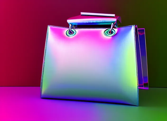 Image similar to futuristic iridiscent bag, fashion design by dior, xf iq 4, 1 5 0 mp, 5 0 mm, iso 2 0 0, 1 / 1 6 0 s, natural light, octane render, adobe lightroom, rule of thirds, symmetrical balance, depth layering, polarizing filter, sense of depth, ai enhanced