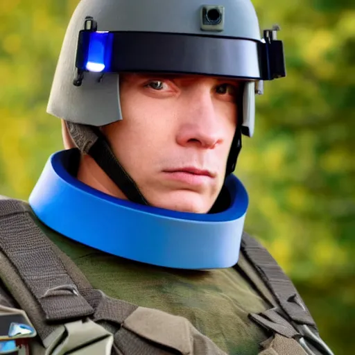 Image similar to a futuristic soldier captain with a ballistic visor and a blue shoulderpad