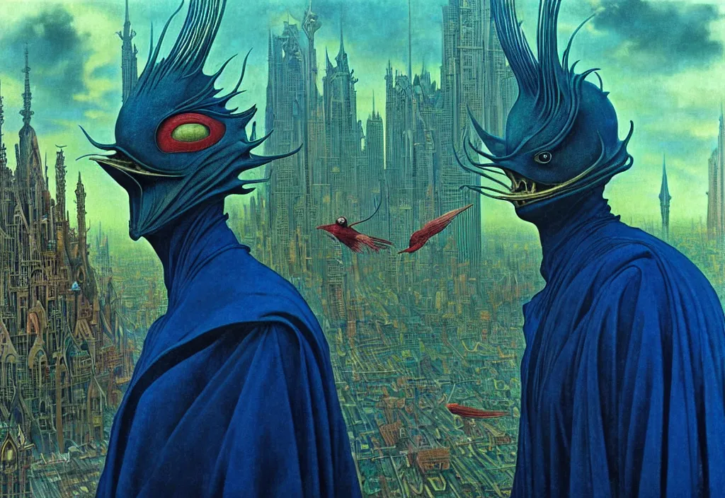 Prompt: realistic detailed portrait movie shot of a birdman wearing dark robes, sci fi city landscape background by denis villeneuve, amano, yves tanguy, alphonse mucha, ernst haeckel, max ernst, roger dean, masterpiece, rich moody colours, blue eyes, snarling dog teeth