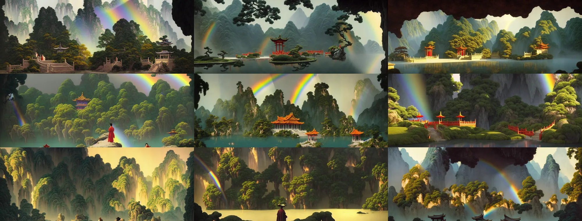 Prompt: a gorgeous landscape painting by barlowe wayne, maxfield parrish and marco mazzoni. chinese temple. just one rainbow, rainy mood!! sunny morning. a lonely chinese wuxia walks on the winding stone steps, stone gate to the dark cave, 3 d, octane render, turbulent lake, waterfall, fog, 8 k.