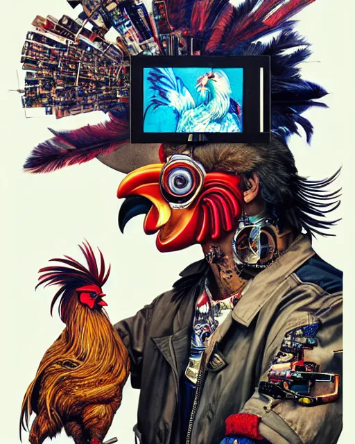 Image similar to a portrait of an anthropomorphic cyberpunk rooster picking on a banjo by sandra chevrier, by jon foster, detailed render, tape deck, epic composition, cybernetics, 4 k realistic, cryengine, realistic shaded lighting, sharp focus, masterpiece, by enki bilal